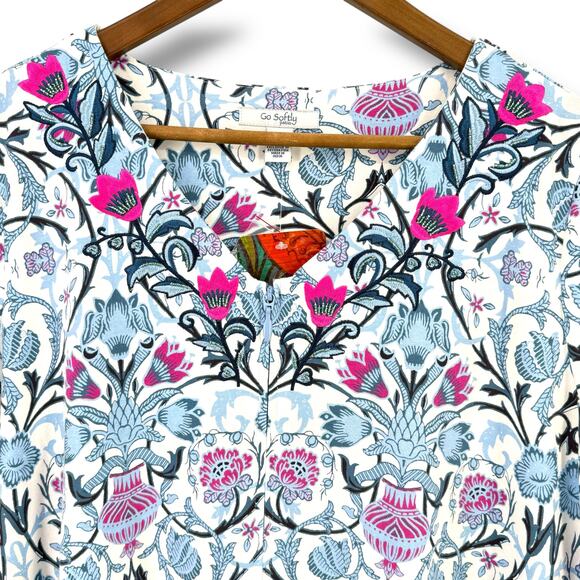 Go Softly Embroidered Jersey Knit Floral Tile Print Lounge Dress Sz S Full Zip - Picture 2 of 8